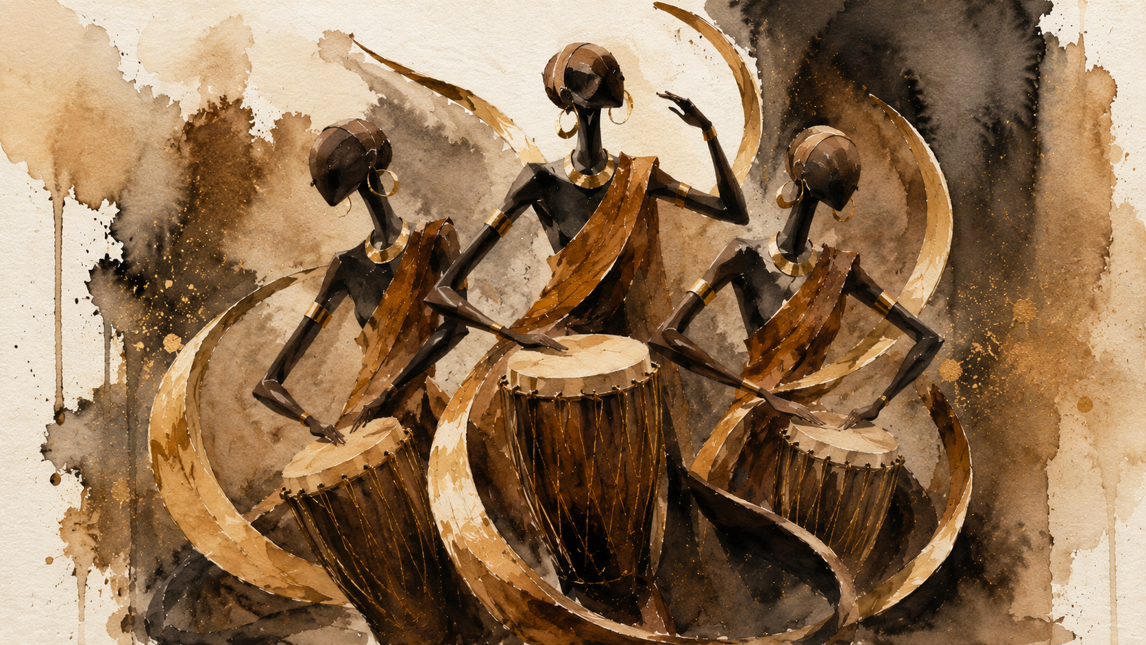 Three drummers in flowing bronze and umber garments, rendered in expressive watercolor